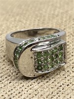 Sterling Silver Buckle Style Ring w/ Green Stones