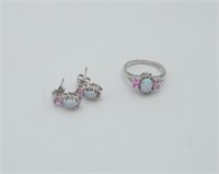 Sterling Set Ring & Earrings Lab Opal / Pink Stone