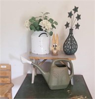 Lot Of Tin Flower Pots, Water Can And Stool