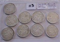 9 Canadian Silver Fifty Cents Coins