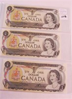 3 canadian 1973 Sequential One Dollar Paper Money