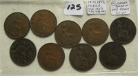 9 Great Britain One Penny Coins