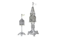 TWO ANTIQUE SILVER FILIGREE SPICE TOWERS, 173g