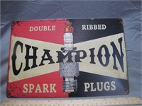 Double Ribbed Champion Spark Plugs Metal Sign