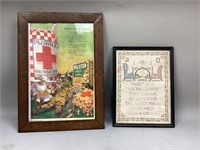 Vintage Cross Stitch Sampler & Framed Purina Ad