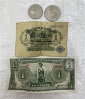 German coins and bill/ Paraguay bill