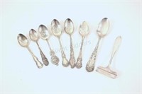 Assortment of 7 Sterling Spoons & Baby Food Pusher