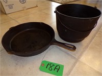 CAST IRON SKILLET & FOOTED POT W/ HANDLE