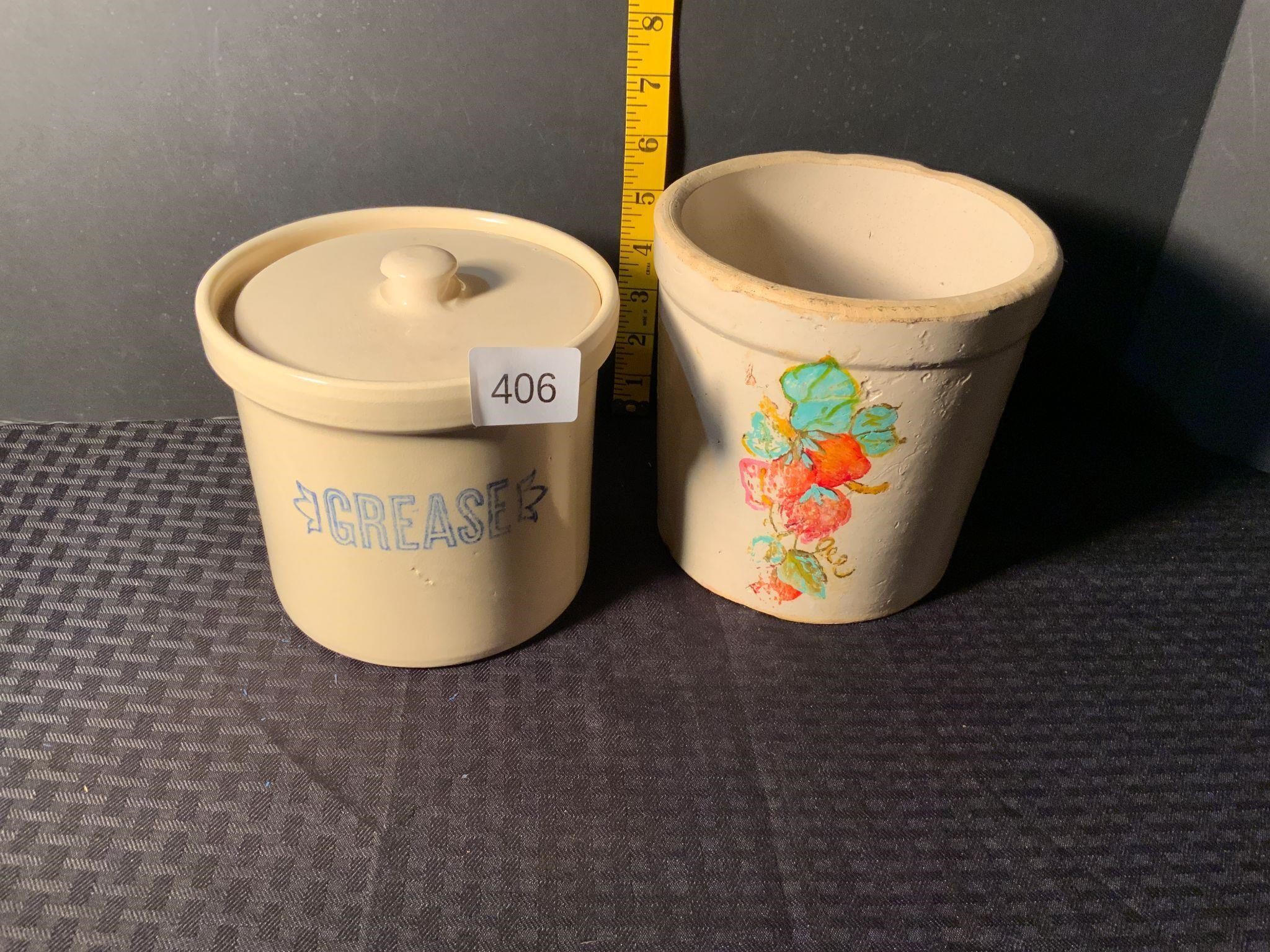 Crock Grease Jar w/Lid+Vintage Painted Crock