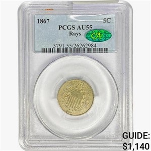 1867 CAC Shield Nickel PCGS AU55 Rays