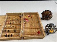 2 VINTAGE FLY FISHING REELS & BOX OF FLIES