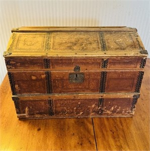 Antique small child’s trunk, wood with a paper