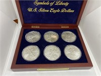 Set Six US Silver Eagle Dollars In Case  Each 1 oz