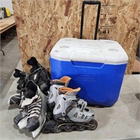 Cooler w various Skates & roller skates