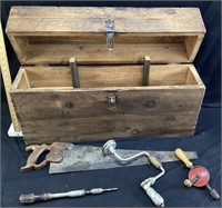 ANTIQUE HAND MADE WOOD TOOLBOX w HAND DRILLS &