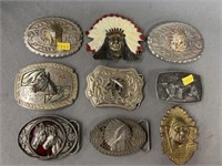 (9) Horse and Native American Themed Belt Buckles