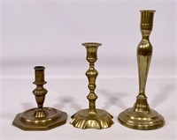 3 brass candlesticks: Shaped base, 7"T / Round