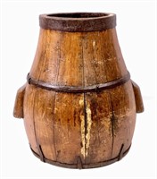 Wooden rice barrel, shaped sides, handles,