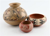 Indian pottery vase and (2) Indian Pottery bowls