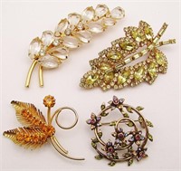 4-VINTAGE GOLD TONED RHINESTONE BROOCHES