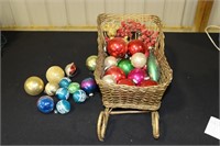 Vintage Christmas Ornament Lot in Sleigh Basket