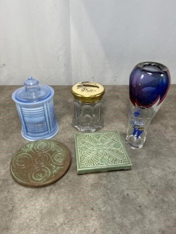 Opalescent blue jar, glass tobacco jar, glass