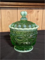 Green opalescent condiment jar with lid