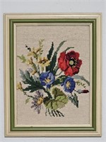 Vintage Framed Needlepoint Flowers Textile Art