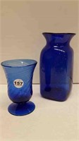 2 BLUE HANDBLOWN GLASS VASES