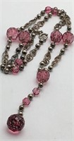 Silver Tone Necklace W Pink Glass Beads