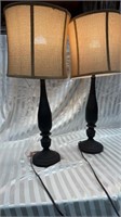 2 Dark Brown Metal Table Lamps with Beige Shades.