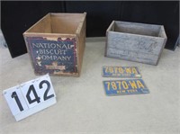 2 Advertising Wood Boxes & NYS Plates