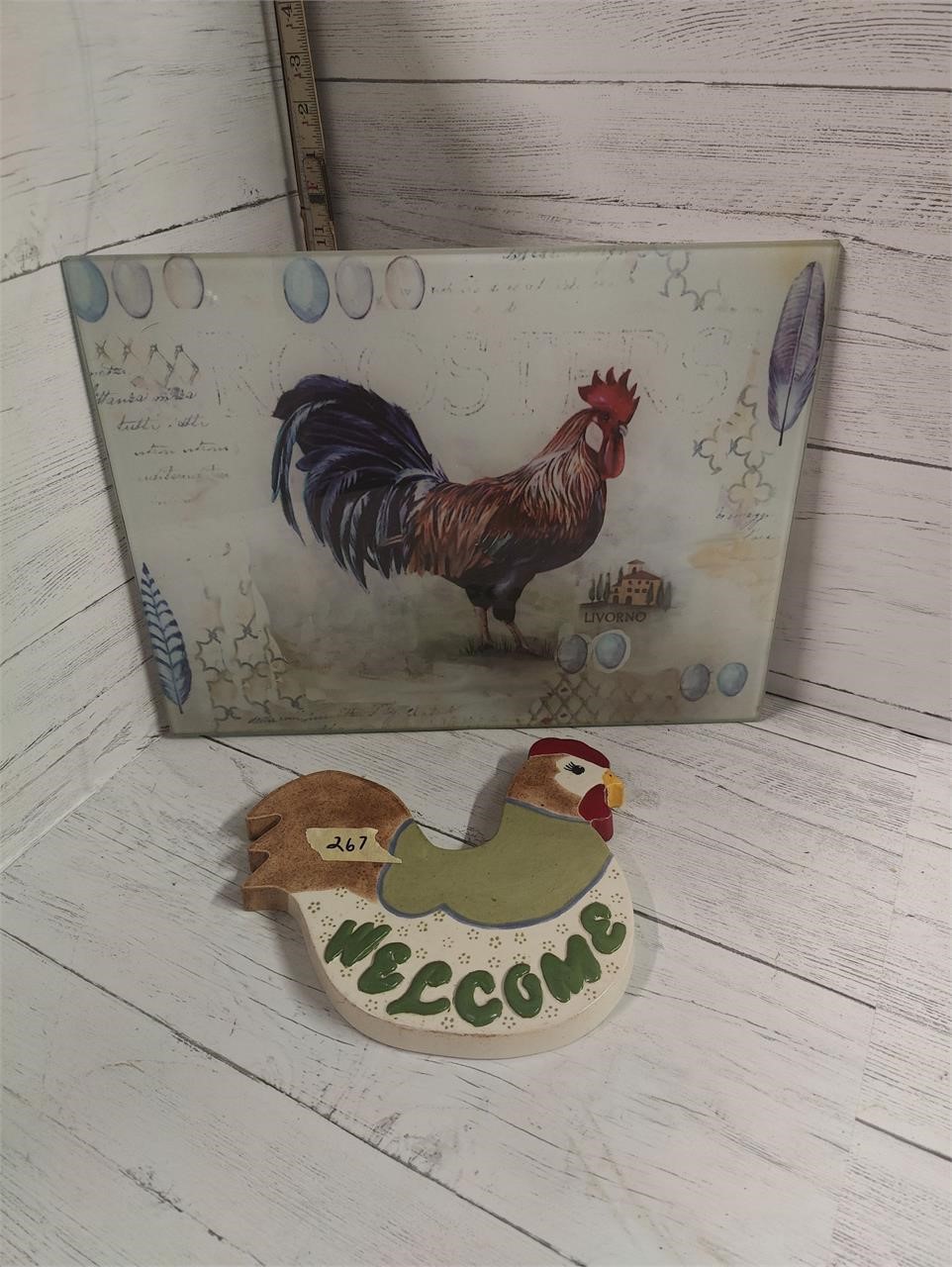 Chicken welcome sign and rooster counter plate