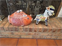 Vtg Chinese Ceramic Double Koi Fishe Tureen/Donkey