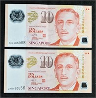 2 - SINGAPORE $10 TEN DOLLARS BANK NOTES BILLS