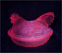 Longaberger Pink Selenium UV Glow Glass Hen Dish,