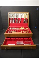 Cutlery Set w/ Crystal Knife Rests in Wooden Box
