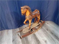 Vtg Wooden Rocking Horse with Metal Wheels