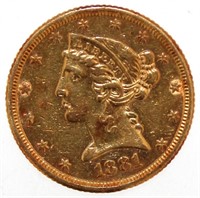 1881 Liberty Head $5.00 Gold Half Eagle