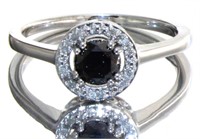 Natural 3/4 ct Black & White Diamond Halo Ring