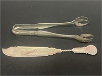 Sterling silver tongs circa 1865 and knife.