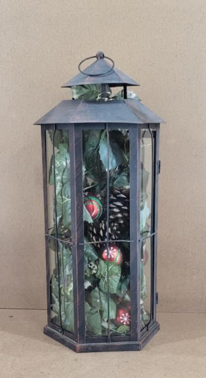 Metal Lantern - Plants & Christmas Bulbs