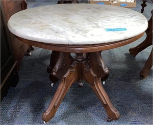 ANT. WALNUT VICTORIAN MARBLE TOP COFFEE TABLE