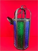 Vintage Wrought Iron Stained Glass Hanging Lantern