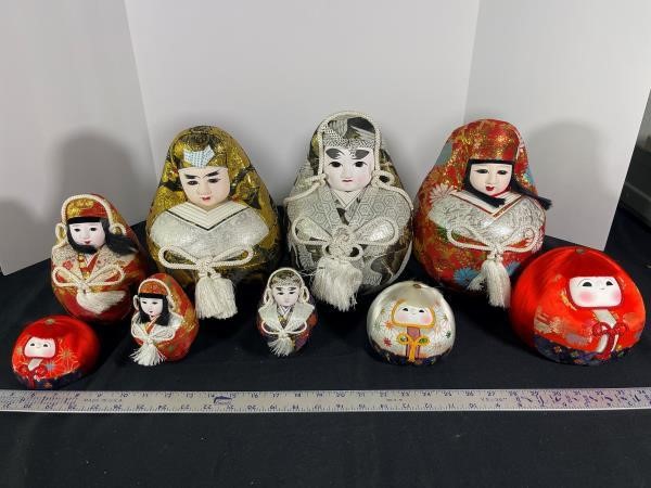 Lot of nine vintage assorted Japanese rope dolls.