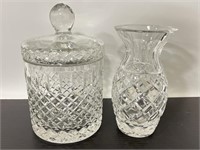 Heavy crystal jar with lid and matching vase