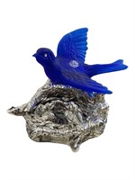 Vintage Cobalt Blue Glass Bird on Nest