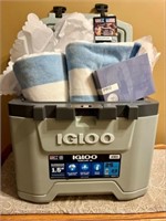Igloo cooler, two beach towels, Vice Pro golf
