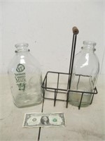 2 Vintage Glass Milk Bottles/Jugs w/ Wire Carrier