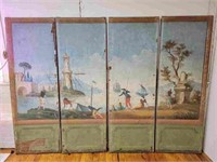 Antique French Oil on Canvas Folding Screen
